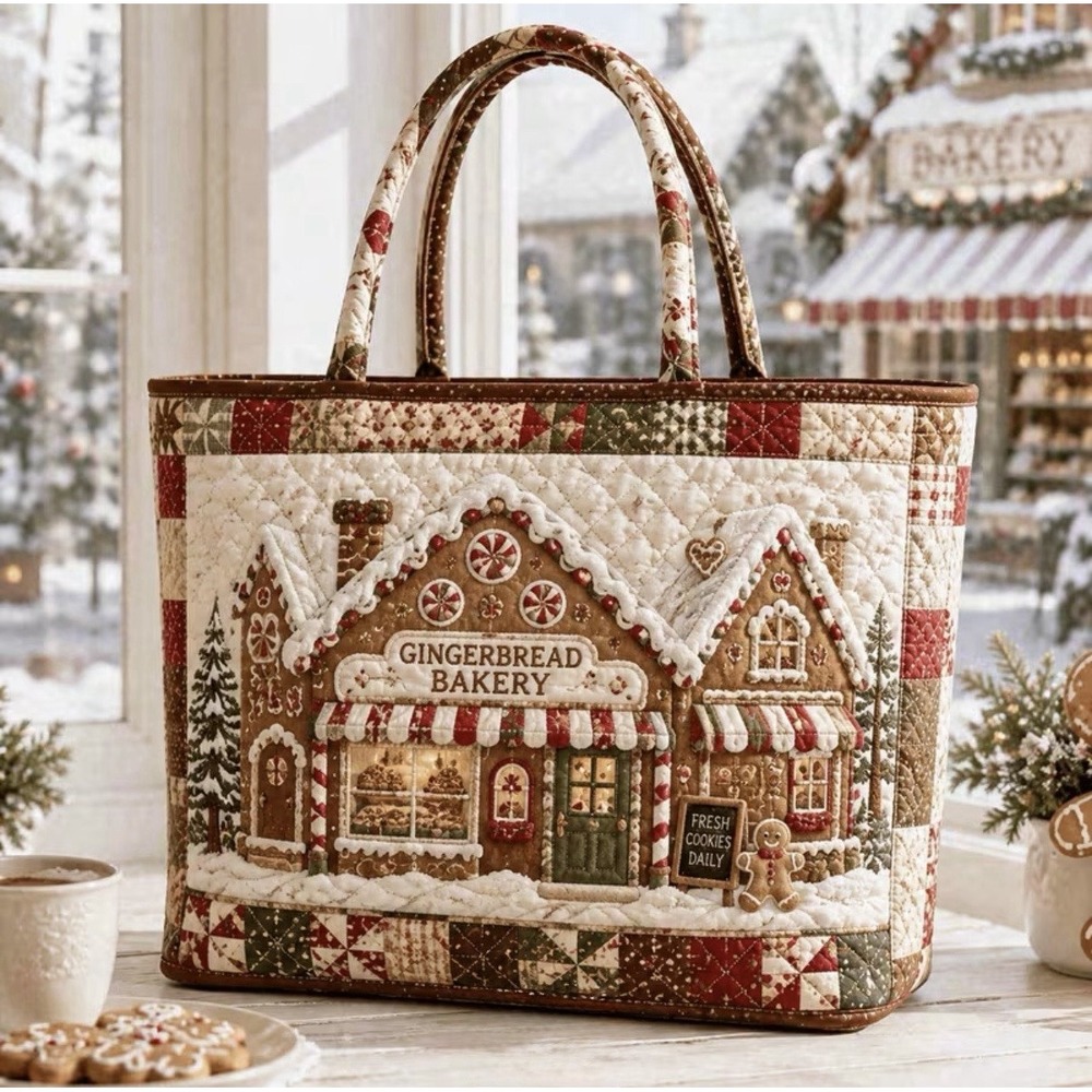 NEW Festive Gingerbread Bakery Quilted Vintage & Homemade Looking Tote Bag